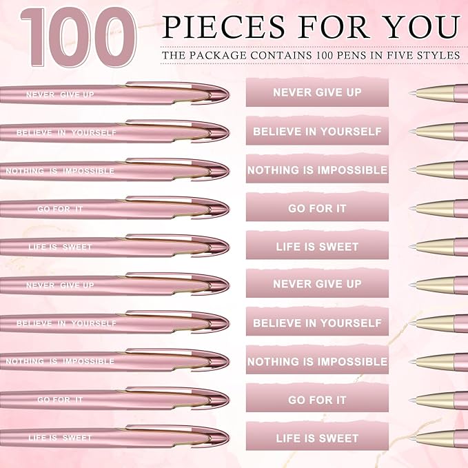 Lincia 100 Pcs Motivational Ballpoint Pens Bulk Retractable Medium Point Pens with Black Ink Inspiration Thank You Gifts for Teacher, Back to School, Christmas