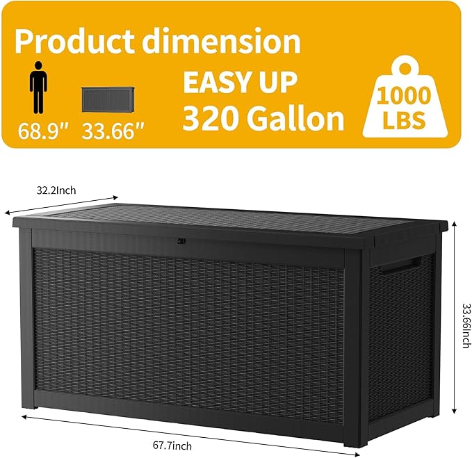 TARKARI 320 Gallon Lockable Resin Deck Box, Waterproof & UV-Resistant Outdoor Storage Box for Outdoor Cushion Storage, Garden Tools & Pool Accessories Storage, Black