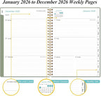 2026 Planner - Planner 2026 from January 2026 - December 2026, Weekly & Monthly Planner Spiral Bound with 12 Monthly Tabs, Inner Pocket, 6.4" x 8.5", Green-E