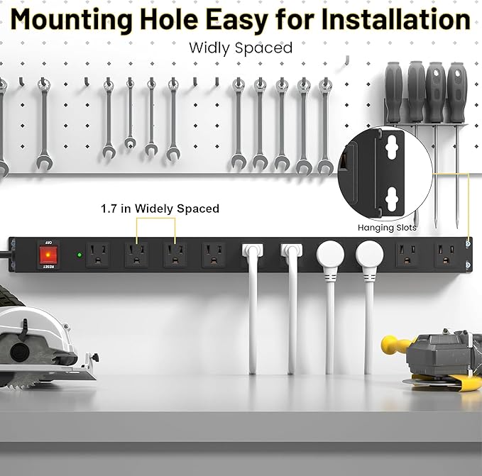 KF 10 Long Power Strip, Heavy Duty Surge Protector with 2100J, 15A/1875W Wall Mount Power Strip with Upgraded Switch, 14AWG 8FT Cord