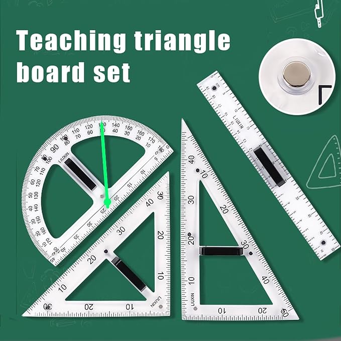 Magnetic Geometry Tool, Protractor, Triangle Rulers Easy Attachment Blackboard Measurement Kit, Teacher Board Protractor Multi-Purpose Kit Large (Transparent-4pc)