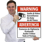SmartSign 24 x 18 inch “Warning - Audio & Video Surveillance On Duty At All Times” Bilingual Sign, Digitally Printed, 55 mil HDPE Plastic, Red, Black and White, Made in USA