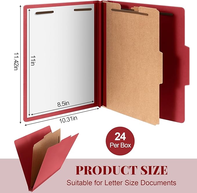 Skyygemm 24 Pcs Classification Folders Letter Size, 1 Divider Pressboard File Folder with Fasteners, Expanding File Organizer Bulk for School Teachers, Office Employee, Coworker, Staff (Red)
