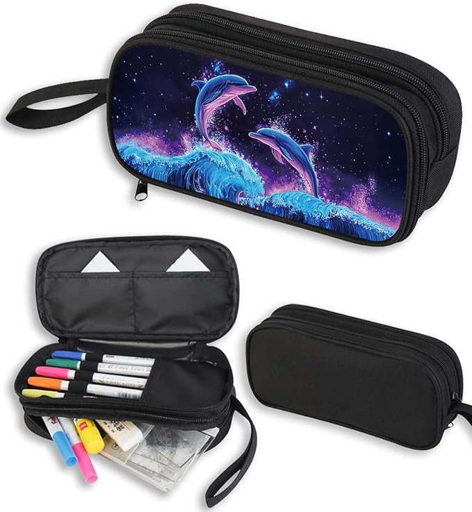 AnySmic Dolphin Pencil Case for Boys Girls, Large Durable Pencil Pouch for Kids, Polyester Big Capacity Pen Case, Double Zipper, Pen Box for Children Age 6+