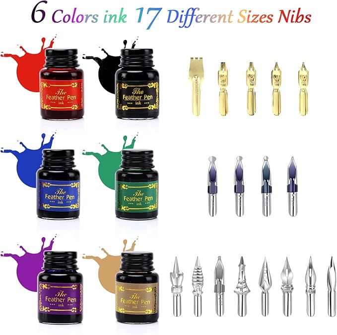 Junhartt Quill Feather Pen and Ink Set, Calligraphy Pen Glass Dip Pen and Wax Seal Stamp Kit (Red)