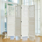 Svimi Folding Room Divider, 66.9 Inch 4 Panels Wood Carved Privacy Screens, Free Assembled Freestanding Portable Separation Wall for Home Office Restaurant Bedroom (White)