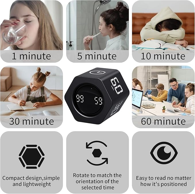 Productivity Timer Flip Gravity Sensor Cube Timer Countdown & Countup,Mute & Vibrate & Sound，5/10/30/60min & Custom Timing, Perfect for ADHD,Work,Learning,Kitchen Cooking (2, White +Black Hexagon)