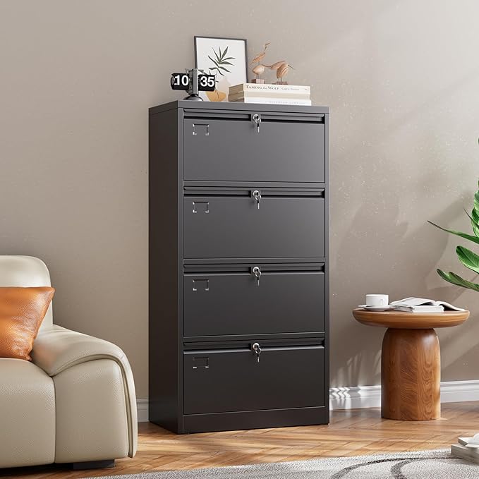 SUXXAN 4 Drawer File Cabinet, Lateral Filing Cabinet with 4 Locks for Home Office, Black File Cabinets with Business Card Holder for Letter/Legal/F4/A4 Hanging Files