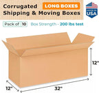 Long Shipping & Moving Boxes 32x12x12 inches (10-Pack) - Extra Strength 200 lb vs Regular - Corrugated Packing Boxes for USPS/UPS/FEDEX - Cardboard Box for Delivery - Long Box by IDL Packaging