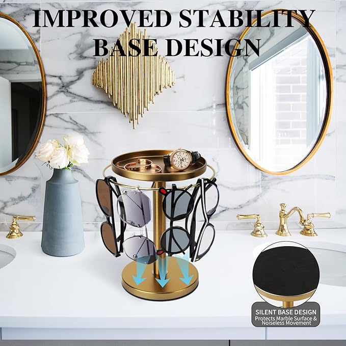 360° Rotating Sunglass Organizer Storage, Stainless Steel Glasses Holder Stand, Glasses Organizer with Tray for Desk, Dresser, Tabletop, Nightstand and Home Decor (Gold)