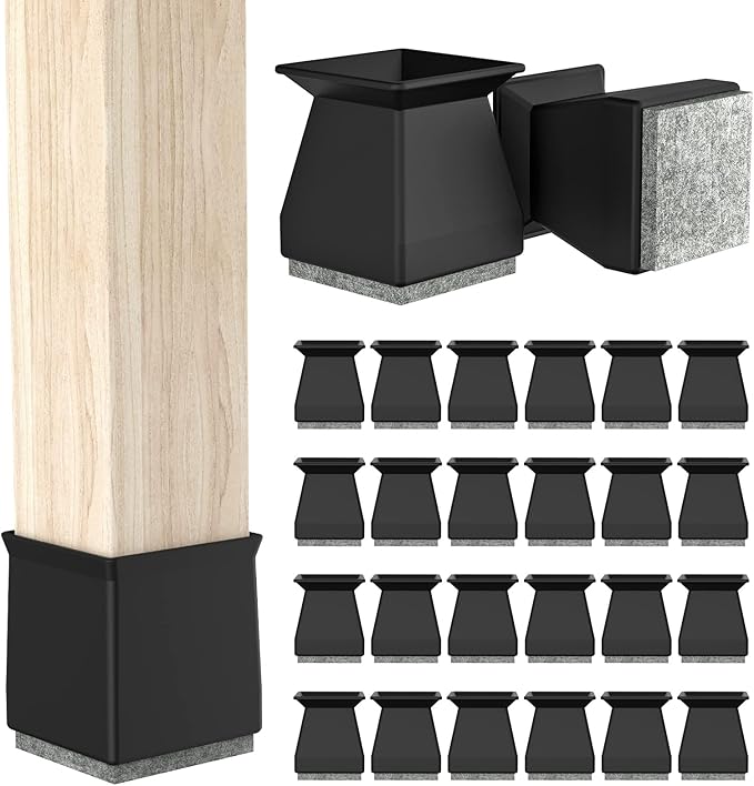 Square Chair Leg Protectors for Hardwood Floors, 24 Pcs Silicone Felt Furniture Leg Cover,.7/8" - 1".Black.