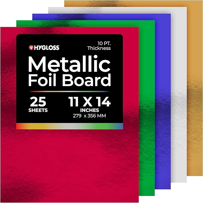 Hygloss Products Metallic Cardstock Sheets - 25 Sheets, 11” x 14” - 5 Assorted Colors - Sturdy 10 pt. - Foil Paper for Crafts, Scrapbooking, Posters & Decorations