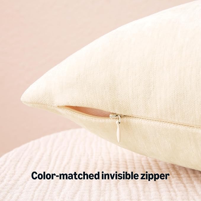 Amazon Basics Chenille Throw Pillow Covers, Home Decor Cushion Cover for Bedroom Living Room Couch Bed, 22" W × 22" L, Beige