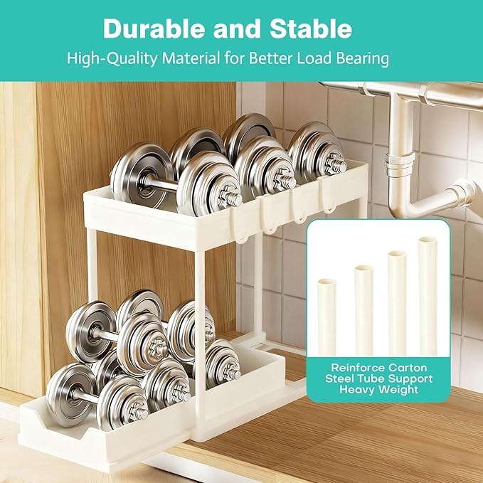 APWNRJA Under Sink Organizers and Storage 2 Pack, Pull-Out Sliding Cabinet Organizer with 2-Tier Storage Shelf & 4 Hooks, Multi-Purpose for Kitchen & Bathroom (13 Inch, White)