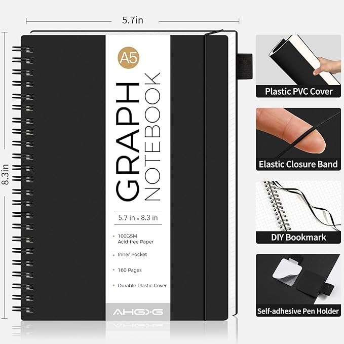 AHGXG Graph Paper Notebook - Spiral Notebook Journal 160 Pages, A5 Graph Notebook 5.7" x 8.3", 100 gsm Thick Grid Paper, Waterproof Plastic Cover, for School Writing Engineering Math, Black