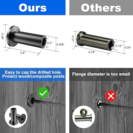 BLIKA 100 Pack Black Stainless Steel Protector Sleeves for 1/8" 5/32" or 3/16" Deck Cable Railing, for Wood/Composite Posts, T316 Marine Grade, Black Cable Railing Protector Sleeves