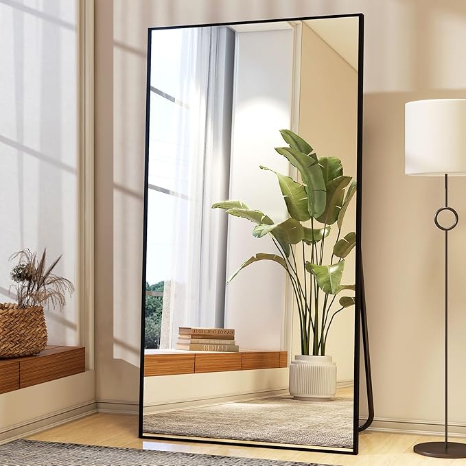34"x76" Full Length Mirror with Stand, Large Rectangular Floor Mirror for Bedroom, Living Room or Closet, Wall-Mounted or Freestanding, Black Aluminum Alloy Frame