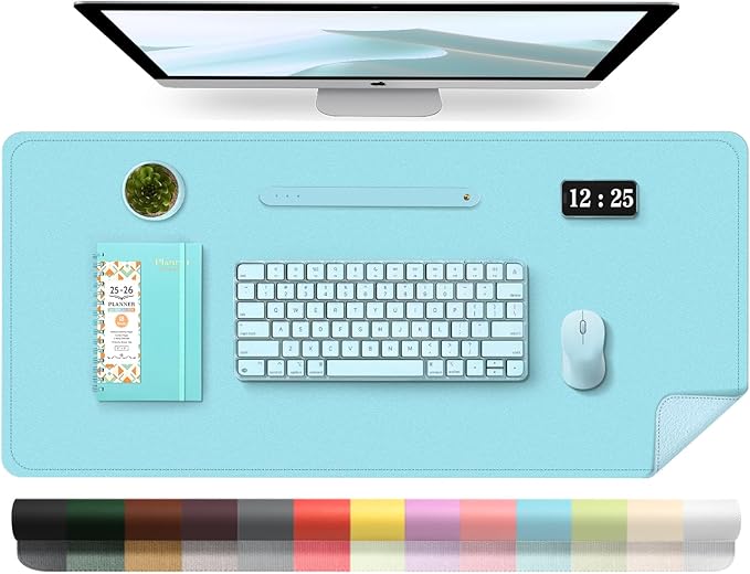 Leather Desk Pad Protector, 39.4'' X 17'' Large Mouse Pad, Office Desk Mat, Non-Slip PU Leather & Suede Base Desk Blotter, Laptop Desk Pad, Desktop Mat for Office Home, Aqua Frost Blue