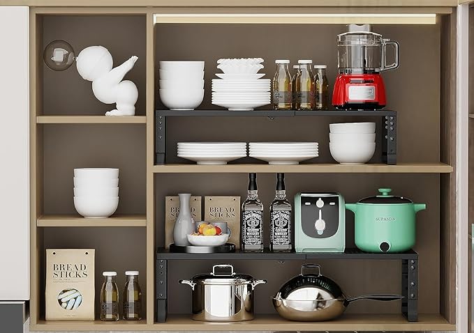 Jojocross Expandable Cabinet Shelf Organizer Storage Spice Rack Shelves for Kitchen Stackable Adjustable Pantry Cupboard Bathroom Countertop Desktop(1Pack/Black/Large-with Hole)