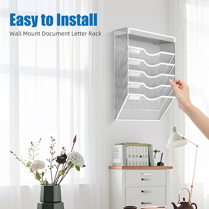 KZWKRG 6 Tier Wall File Organizer Hanging Vertical File Organizer, Wall Mounted Mail Paper Document Folder Holder, Mesh Magazine Rack Mail Document Organizer for Office School Home