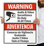 SmartSign 30 x 24 inch “Warning - Audio & Video Surveillance On Duty At All Times” Bilingual Sign, 80 mil Laminated Rustproof Aluminum, Red, Black and White, Made in USA