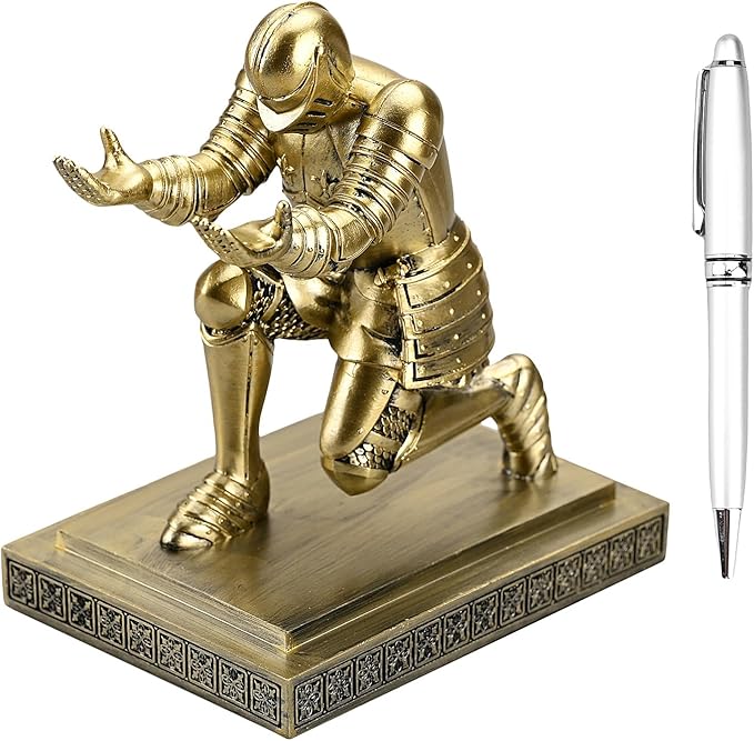 Amoysanli Knight Pen Holder Desk Organizers and Accessories Desk Decor Resin Pen Holder as Gift with a Cool Pen for Office and Home (Copper)