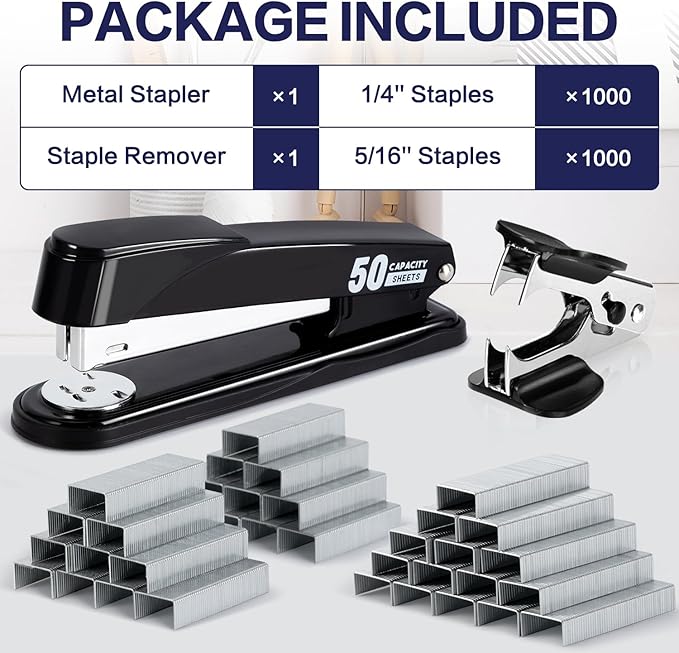 Deli Stapler Heavy Duty, Full Strip Staplers for Desk with 2000 Staples and Staple Remover, 50 Sheet Capacity, No Jam, Non-Slip Office Stapler with Staples for Office, Classroom, Black