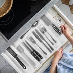 oridom Large Premium Bamboo Silverware Organizer - Expandable Drawer Organizer & Utensil Organizer - 17"x19.7" Cutlery Tray with Dividers for Kitchen Utensils and Flatware (7-9 Slots) (White)