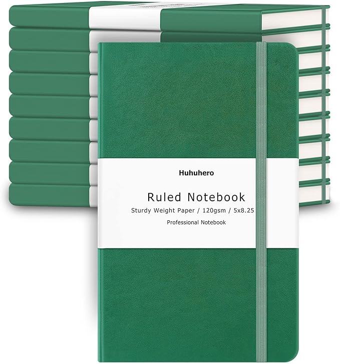 Huhuhero Notebooks Journal, Ruled Notebook, Premium Thick Paper Lined Journal, Black Hardcover Notebook for Office Home School Business Writing Note Taking Journaling, 5"×8.25" (10, Green)
