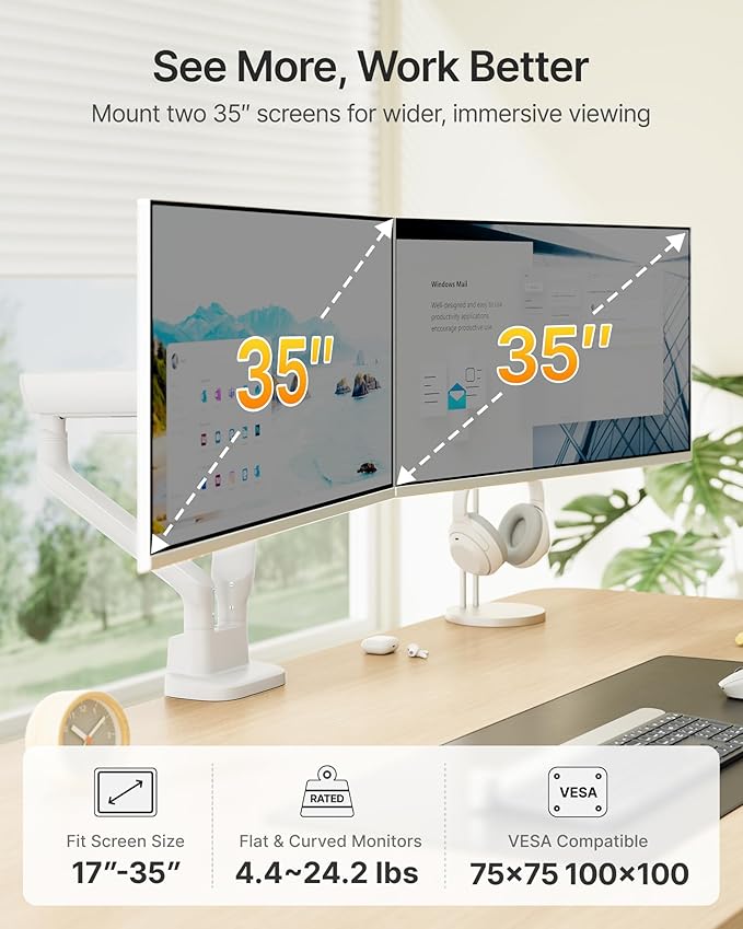 monTEK Dual Monitor Arm, Mechanical Spring Monitor Arm for 17-35" Screens, Adjustable Monitor Desk Mount Each Holds up to 24.2 lbs with C Clamp/Grommet Desk Mount, VESA 75/100mm, MA1011WH-D