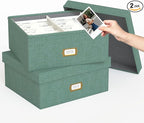 Decorative Photo Storage Box - 2 Pack Linen Photo Box Organizer with Dividers, Fits Holds Up to 1700 Pictures and 4x6 Photos, Memory Keepsake Organizer for Scrapbook Supplies, Cards, Stamps (Green)