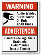 SmartSign 24 x 18 inch “Warning - Audio & Video Surveillance On Duty At All Times” Bilingual Sign, 80 mil Laminated Rustproof Aluminum, Red, Black and White, Made in USA