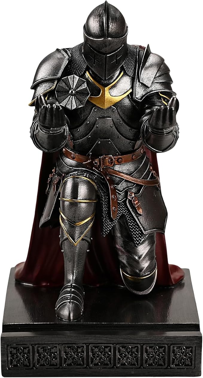 Amoysanli Medieval Armored Warrior Wearing Outerwear, Mobile Phone Stand Knight Pen Holder Desk Organizers, Resin Bookends Paperweight with a Letter Opener for Desk (Iron)