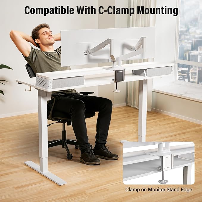 Kingant 48 x 24 Inch Electric Standing Desk with Dual Drawers, Height Adjustable Sit to Stand Computer Desk with Storage Shelf and C-Clamp Mount Compatibility for Home Office, White