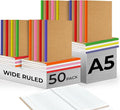 Rosmonde 50 Pack A5 Kraft Journal, Extra Pages - 120 Pages (60 Sheets), Long Lasting, Wide Ruled, 8 x 5.7 Kraft Notebook, Bulk Journal Notebook A5, Bulk Composition Notebooks, Bulk Notebook for School