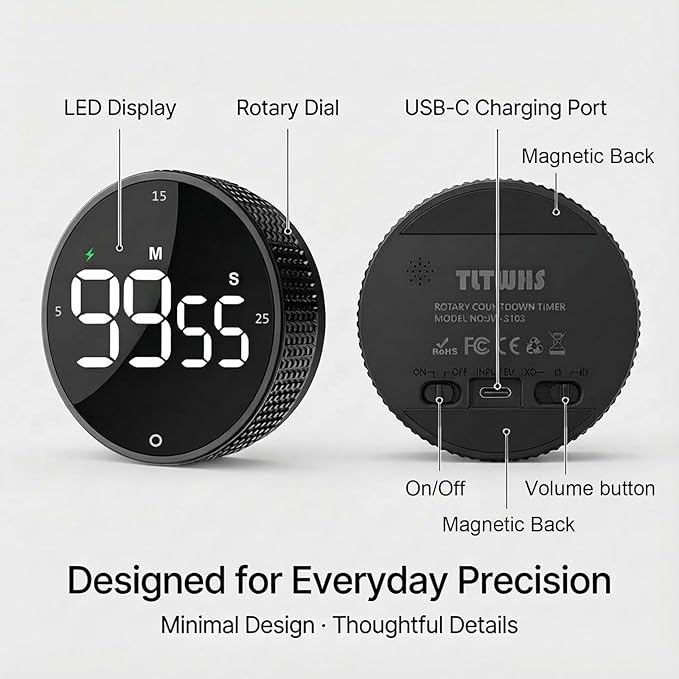 Rechargeable Magnetic Kitchen Timer, LED Countdown/Count-Up Timer, Supports USB-C Charging, with Loud Alarm, 3 Preset Quick Times (5/15/25m), Perfect for Kitchen Cooking, Studying, and Fitness