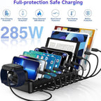 285W Charging Station for Multiple Devices, 10 Ports Fast Multi-Device Charger Organizer Compatible with MacBook Pro Laptop, iPhone, Android, Ipad, Tablet, Kindle, Multi-Device Charging Dock（Black）