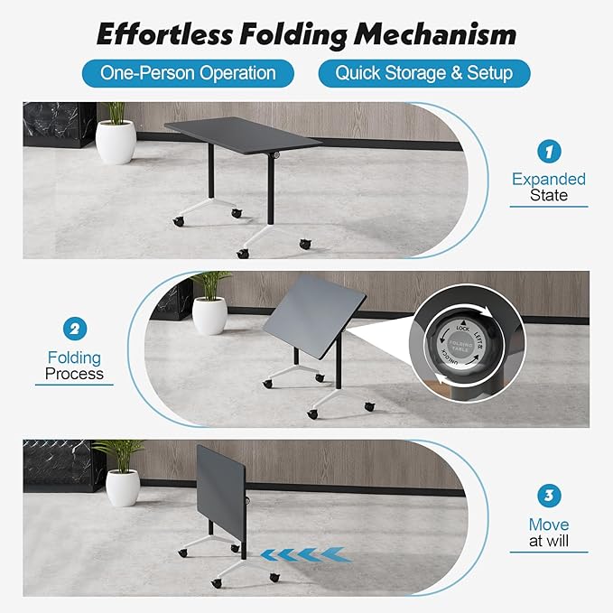 Goakwwuz Conference Room Table, Folding Conference Tables,Thicken Grey Tabletop,Flip Top Wooden Seminar Meeting Room Table for Conference Room Offices (8, Black, 47.2“)