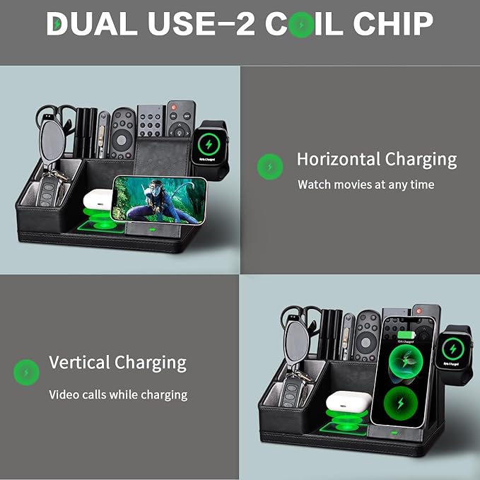 LADSTAG Black Leather Desk Organizer With Charging Station,Office Supplies Desk Accessories,Pen Holder for Desk,Remote Control Holder,Desk Organizer With Phone Charger,Nightstand Desktop Organizer