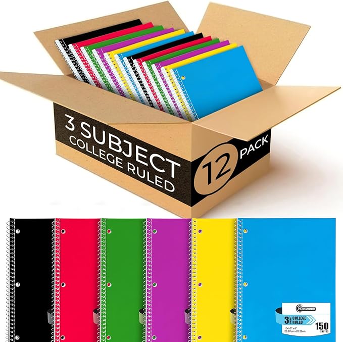 Rosmonde 3 Subject Notebook College Ruled, 12 Pack, 150 Sheets(300 Pages), No-Bleed Paper, 3 Hole Punched, 8x10-1/2, 3 Subject Spiral Notebook for School, Home & Office, Assorted Colors