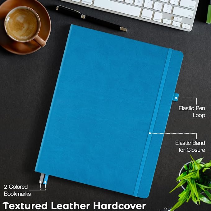 College Ruled Notebook, A4 Hardcover Leather Notebook for Work, Lined Notebook Journal for Women, Men, 192 Thick Paper, 8.5" x 11", Large Notebook with Pockets, Professional Business Notebook, Navy