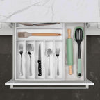oridom Kitchen Bamboo Silverware Organizer, Kitchen Drawer Organizer - Utensil Holder and Cutlery Tray with Grooved Drawer Dividers for Flatware 7 Slot, White
