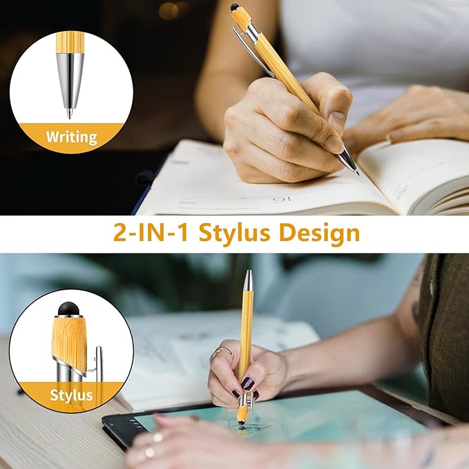 Personalized Pen Customizable Bamboo Pen with Stylus -Customizable Text Logo Name Ballpoint Pens with Black Ink-Personalized Gift Ideas for School Back Day Office Business Home(20 Count/Pack)
