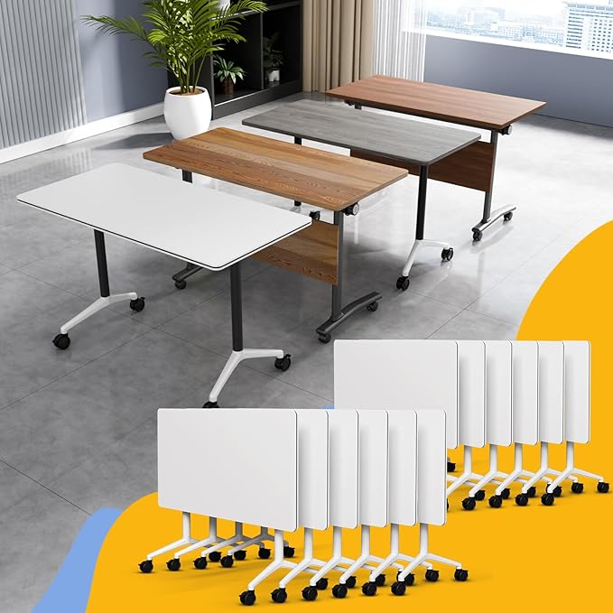 Conference Table Flip Top Mobile Conference Room Tables,Folding Conference Table with Wheels,Large Meeting Training Seminar Table Saving Space for Office Classroom (12, White, 55.1'')