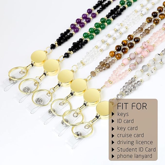 AIDSOTOU Lanyards for ID Badges and Keys,Natural Stone Beaded Teacher Lanyard for Women,Retractable Lanyard with ID Holder Cute Lanyards for Teachers (Brown)