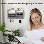 Lwenki Mail and Key Holder – Wall Mount Key Hanger with Shelf and 7 Metal Hooks – Decorative Natural Paulownia Wood Entryway Organizer with Mounting Hardware (16.5”W x 8.7”H x 3.5”D) (Gray)