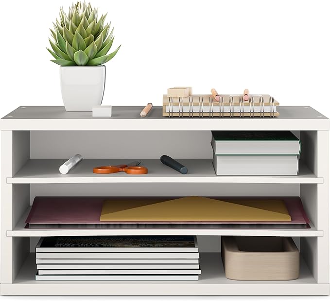 Ballucci Paper Organizer, 3-Tier Stackable Wood Desk Organizer, Document File Organizer and Mail Sorter with Adjustable Storage Shelves, White