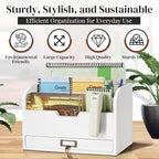 Flexzion 3 Tier Wooden Desk Organizer - Country Rustic Mail Organizer Countertop Compartments Slot File Tray Pencil Sorter Shelf Holder Accessories Set with Storage Drawer for Home Office, Beige Wood