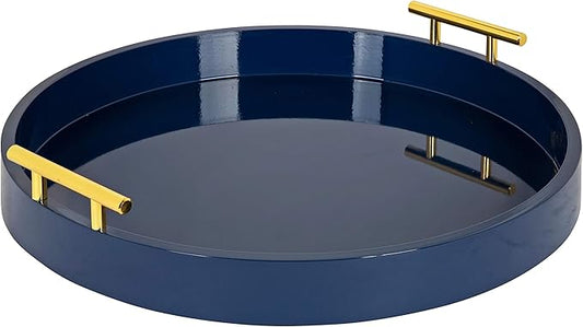 Kate and Laurel Lipton Modern Round Tray, 15.5" Diameter, Navy Blue and Gold, Decorative Accent Tray for Storage and Display