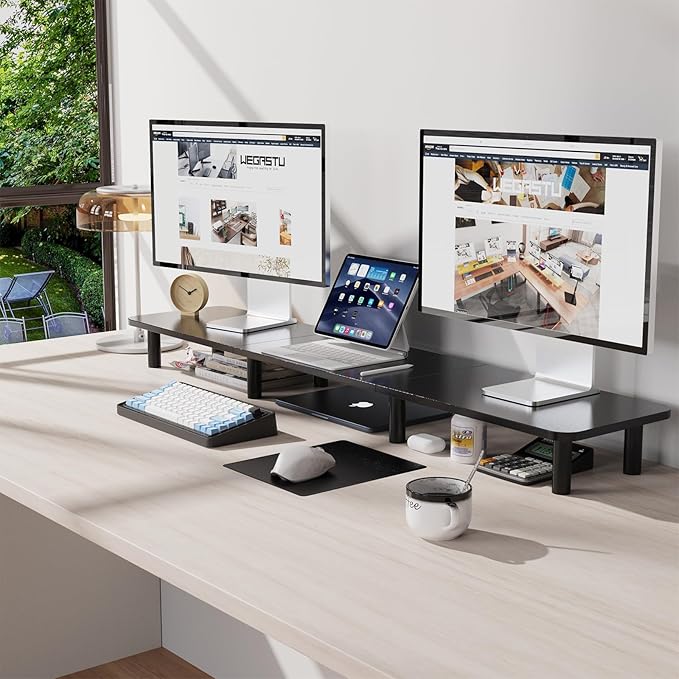 43.7" Extra Long Dual Monitor Stand Riser, Wood & Steel Monitor Stand for 2 Monitors, Wide TV Stand, Desktop Riser for Desk Organization, Home Office，Laptop,Printer,TV (Black)